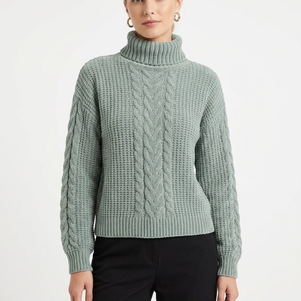 Olive + Oak Sage Green Cable Knit Turtleneck Sweater size small